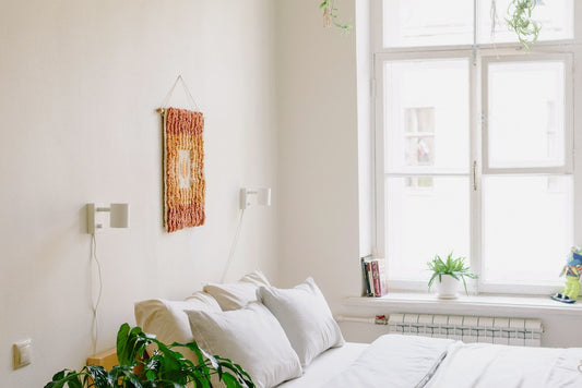 nature inspired white bedroom with a plant